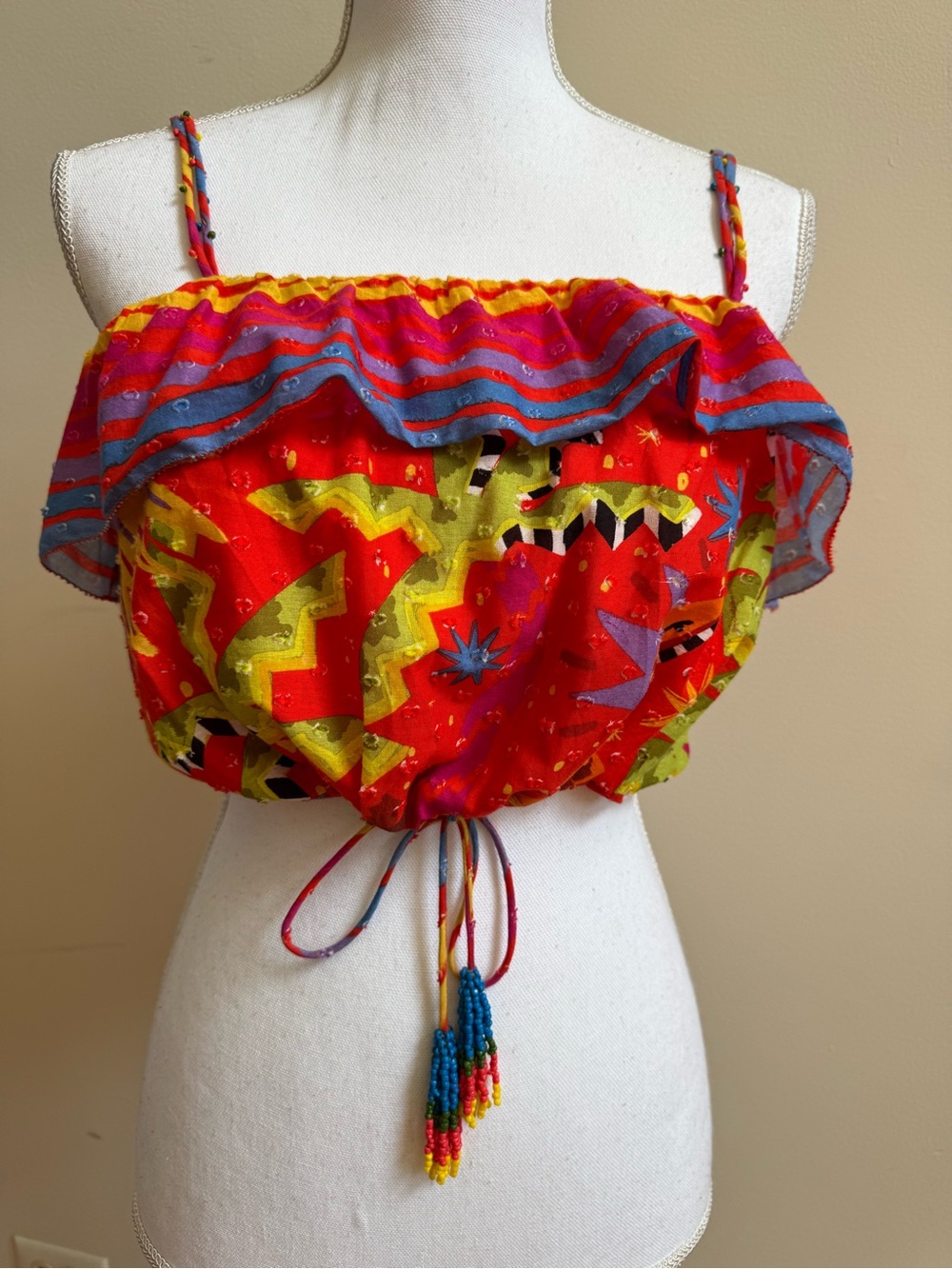 FARM Rio Red Multicolor Ruffle Tie-Front Crop Top - Picture 2 of 11